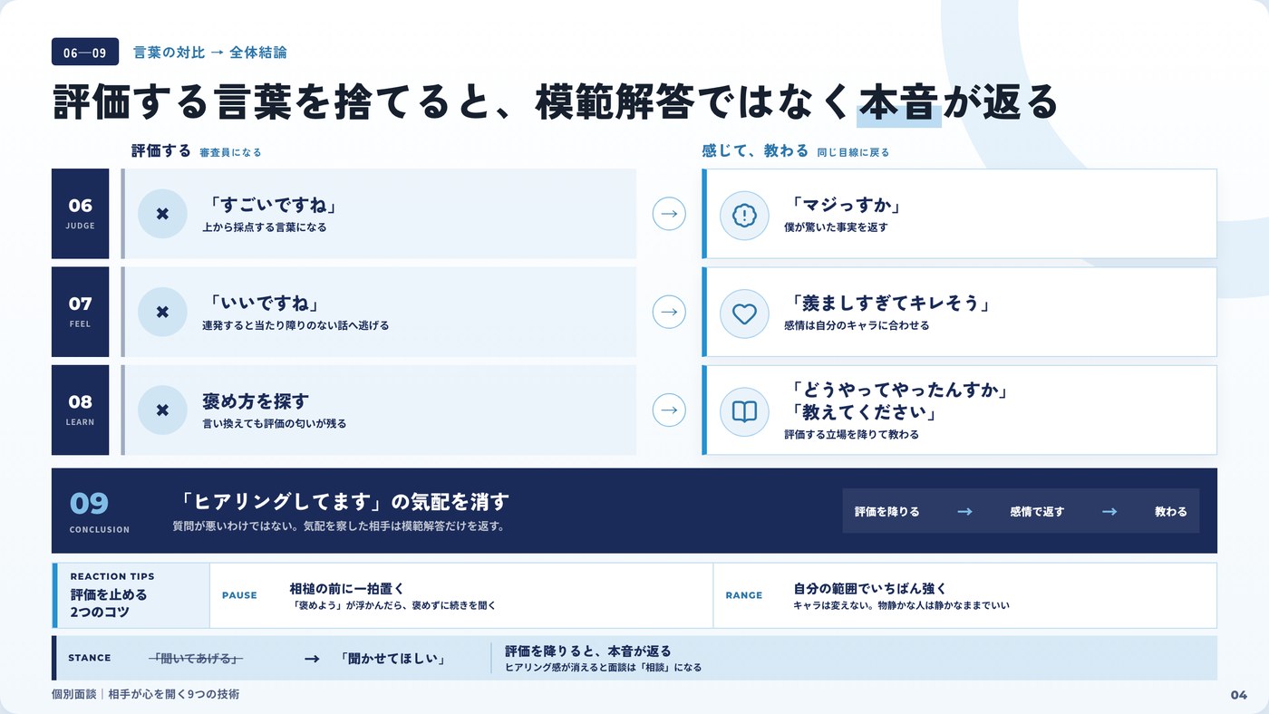 評価する言葉を捨てると模範解答ではなく本音が返る